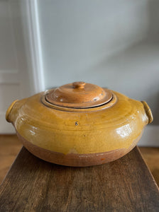 A magnificent large French, Normandy earthenware Tripiere or Tripe Pot. Bulbous in structure with big lug handles. Marked with the numeral '5' to one side. Beautiful warm tones in the glaze & terracotta - SHOP NOW - www.intovintage.co.uk