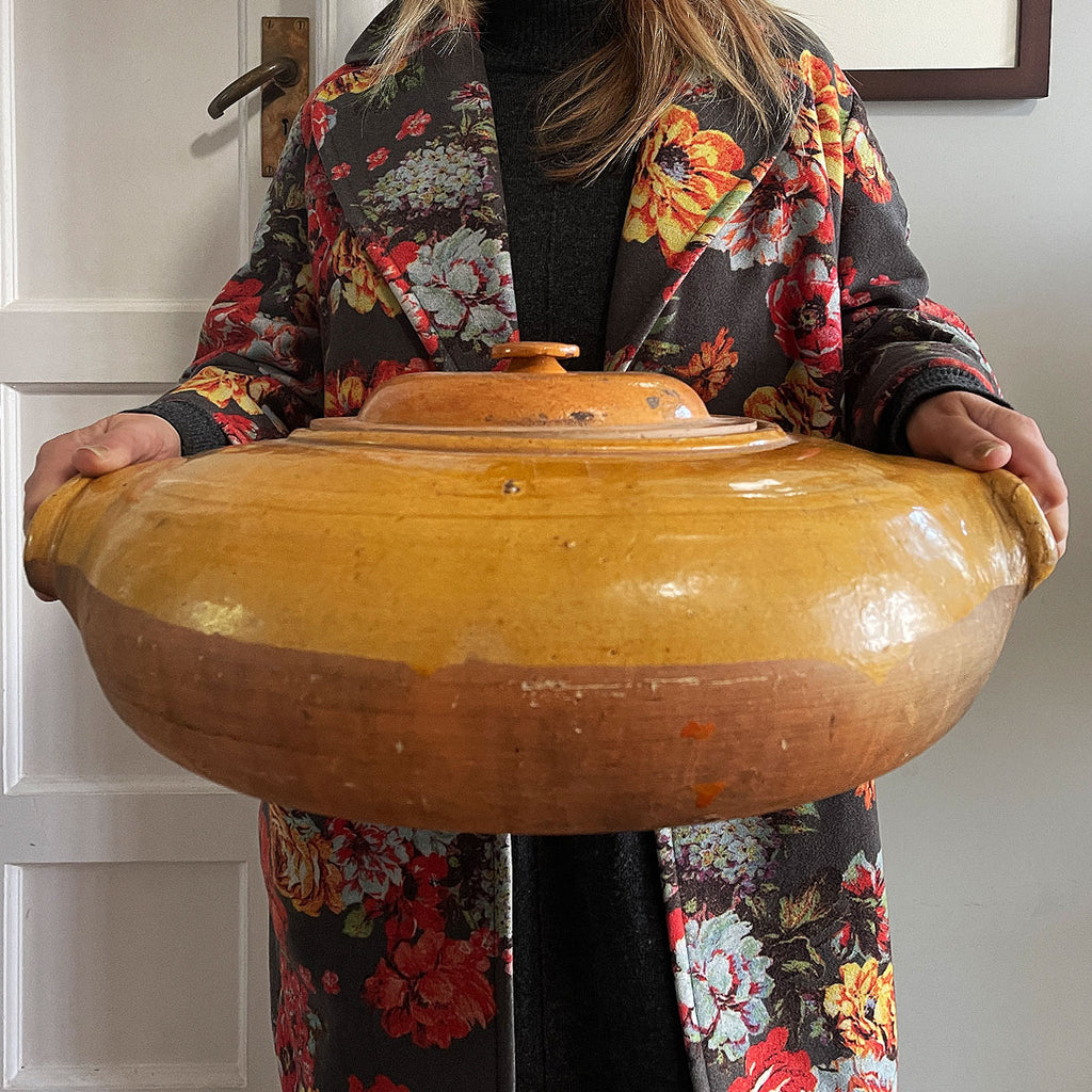 A magnificent large French, Normandy earthenware Tripiere or Tripe Pot. Bulbous in structure with big lug handles. Marked with the numeral '5' to one side. Beautiful warm tones in the glaze & terracotta - SHOP NOW - www.intovintage.co.uk