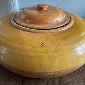 A magnificent large French, Normandy earthenware Tripiere or Tripe Pot. Bulbous in structure with big lug handles. Marked with the numeral '5' to one side. Beautiful warm tones in the glaze & terracotta - SHOP NOW - www.intovintage.co.uk