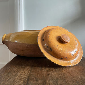 A magnificent large French, Normandy earthenware Tripiere or Tripe Pot. Bulbous in structure with big lug handles. Marked with the numeral '5' to one side. Beautiful warm tones in the glaze & terracotta - SHOP NOW - www.intovintage.co.uk