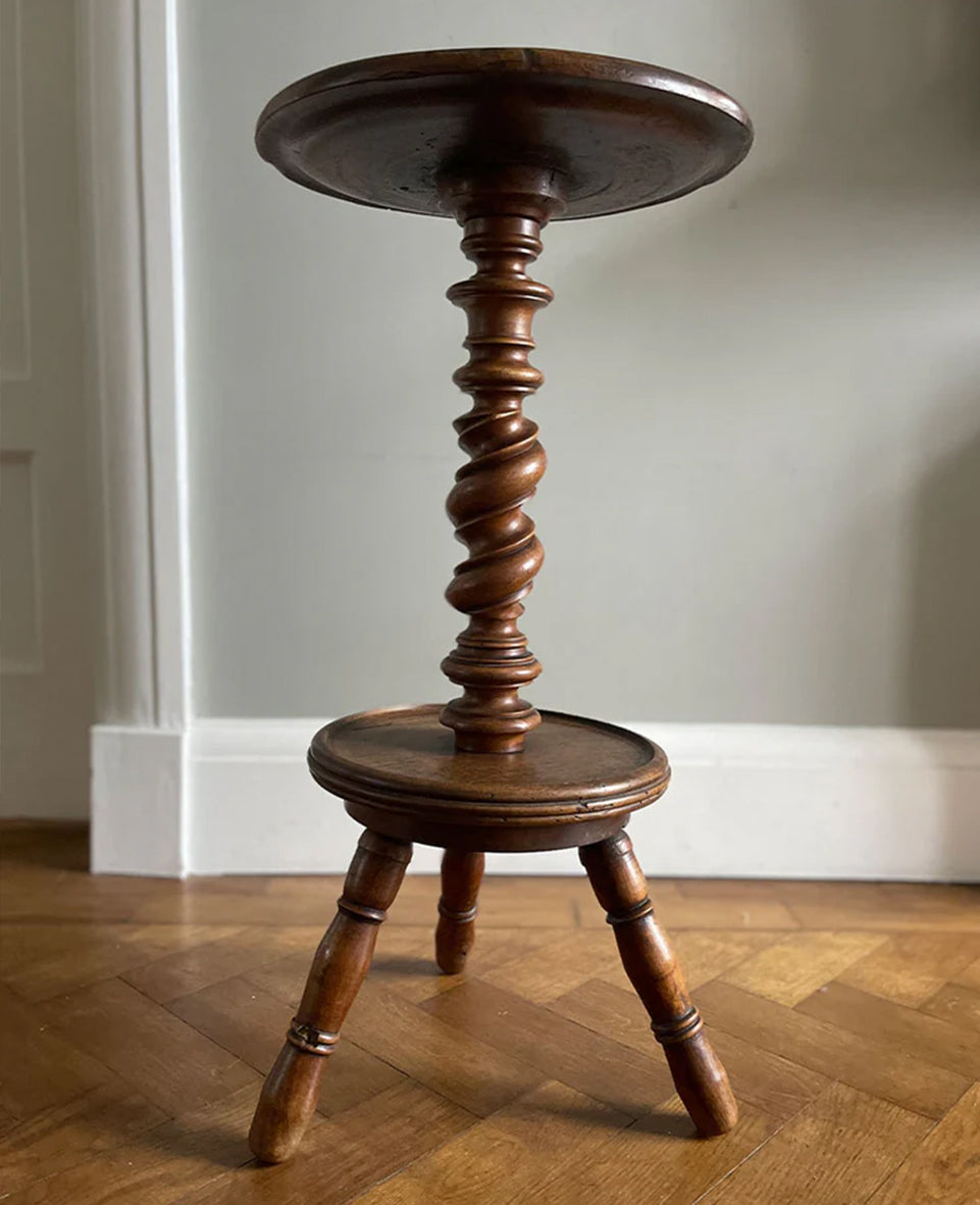 A Turned Elm Side Table with barley twist stem raised on turned tripod legs. Lovely colour - SHOP NOW - www.intovintage.co.uk