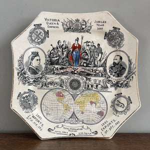 A Queen Victoria 1887 Jubilee Plate cramed pack full of interesting information about the British Empire. Including imports and exports, population and owned land. Transfer print and hand coloured - SHOP NOW - www.intovintage.co.uk