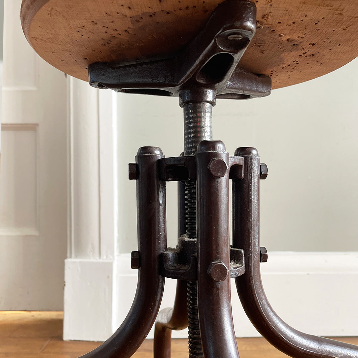 A Vintage Metal and Wood Stool set on dolly 4 wheels with an adjustable seat that when rotated adjusts the height of the seat.&nbsp; - SHOP NOW - www.intovintage.co.uk