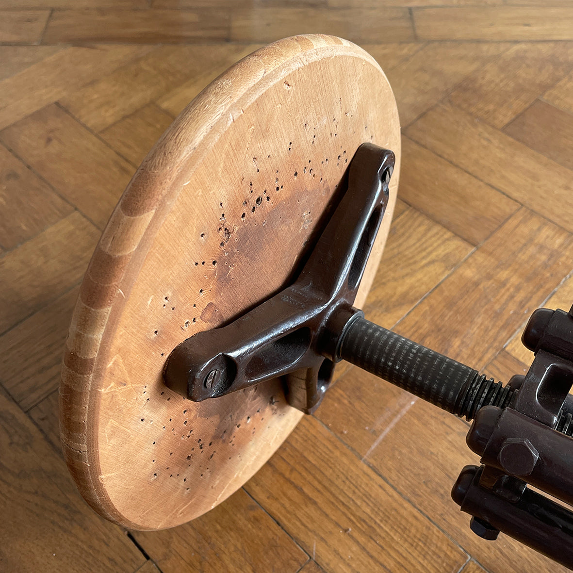 A Vintage Metal and Wood Stool set on dolly 4 wheels with an adjustable seat that when rotated adjusts the height of the seat.&nbsp; - SHOP NOW - www.intovintage.co.uk