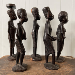 A group of five Carved African Tribal Figures full of Wonderful detail and expression. Expertly carved from ebony wood  - SHOP NOW - www.intovintage.co.uk