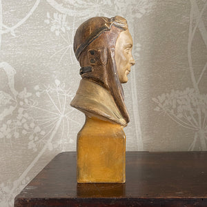 A terracotta Airman Bust by sculpture Jaroslav Horejc, titled Hlava Pilota. Signed on the right shoulder 'HOREJC JC' - SHOP NOW - www.intovintage.co.uk