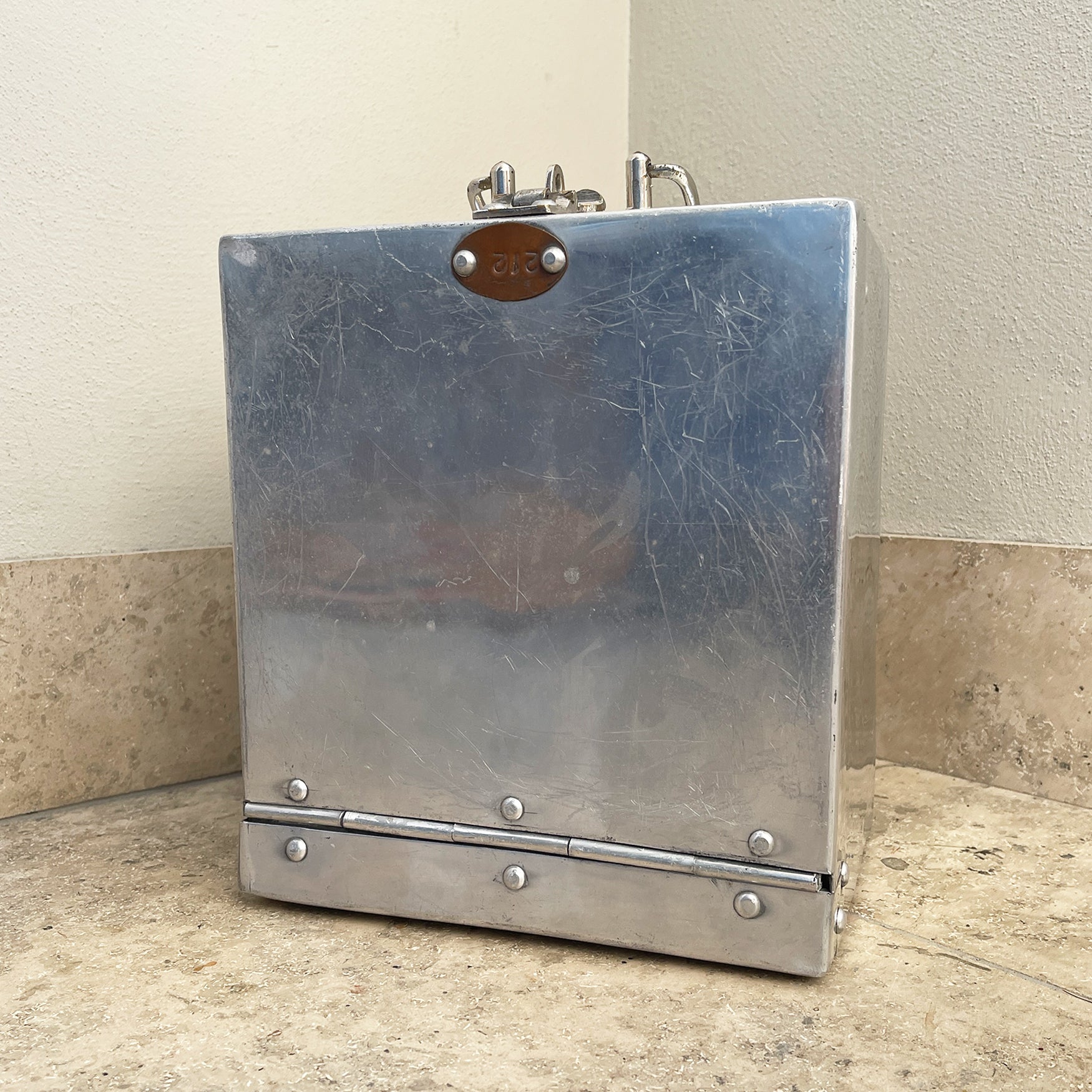 A Vintage Bank Security Box. Constructed from aluminium with hinged lid, nickle plated latch and copper number plate. Perfect for gold, diamonds or good old fashioned cash! - SHOP NOW - www.intovintage.co.uk