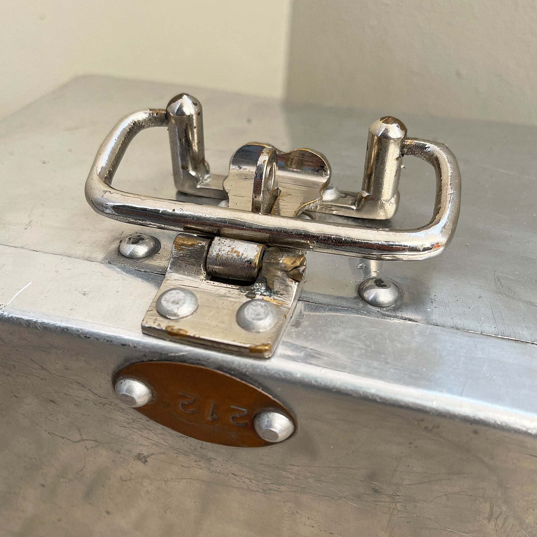 A Vintage Bank Security Box. Constructed from aluminium with hinged lid, nickle plated latch and copper number plate. Perfect for gold, diamonds or good old fashioned cash! - SHOP NOW - www.intovintage.co.uk