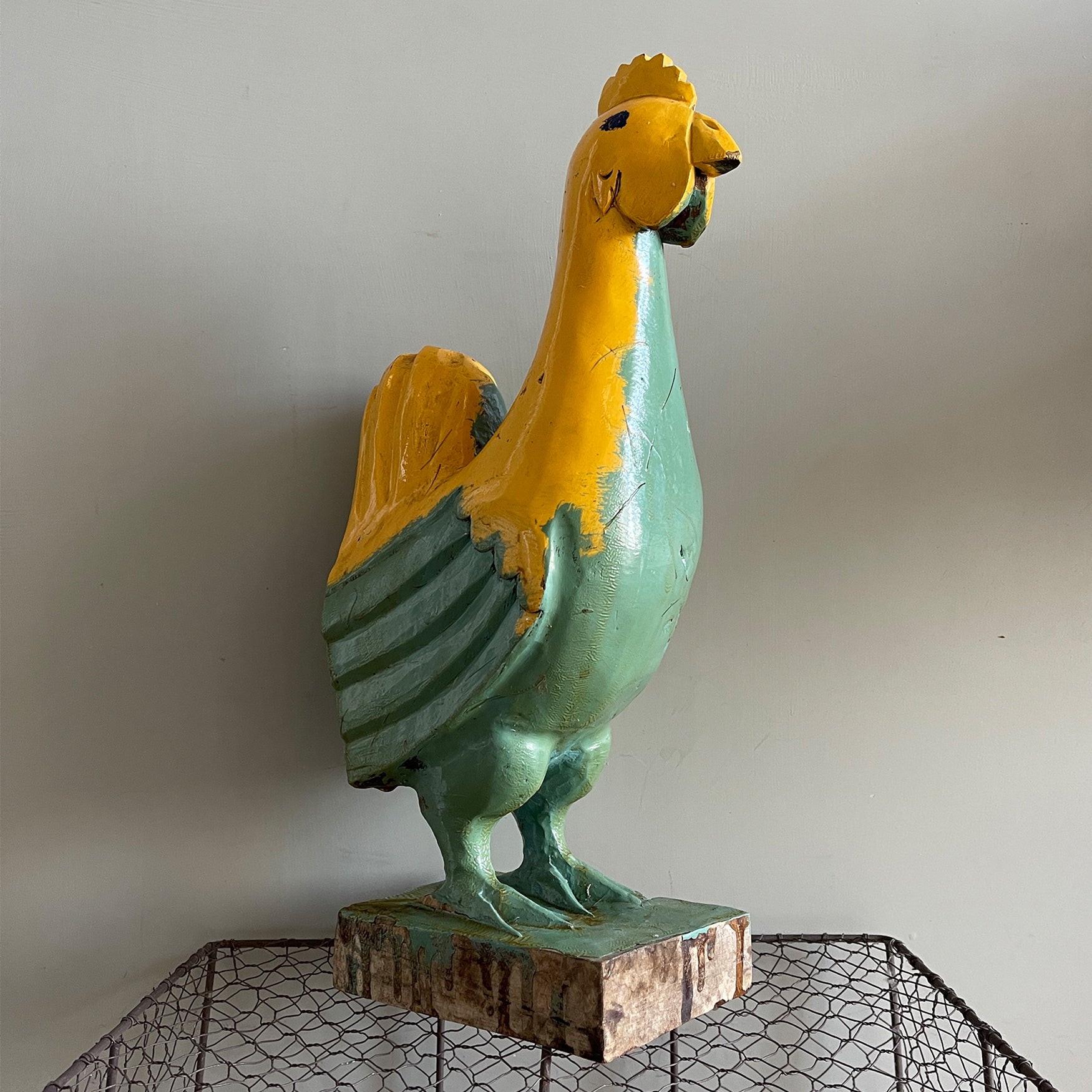 A fantastic bright and jolly Folk Art Carved Chicken. Standing proud at a decent 42cm in height - SHOP NOW - www.intovintage.co.uk