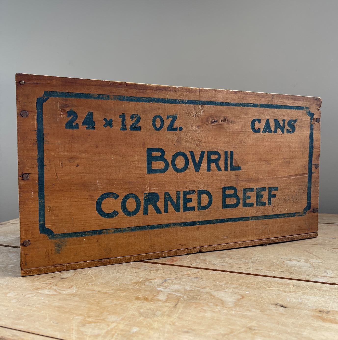 An early Bovril Corned Beef Box that would have held 24 12oz cans of prime Bovril Corned Beef all the way from Argentina. These old advertising boxes make great display storage for the kitchen - SHOP NOW - www.intovintage.co.uk