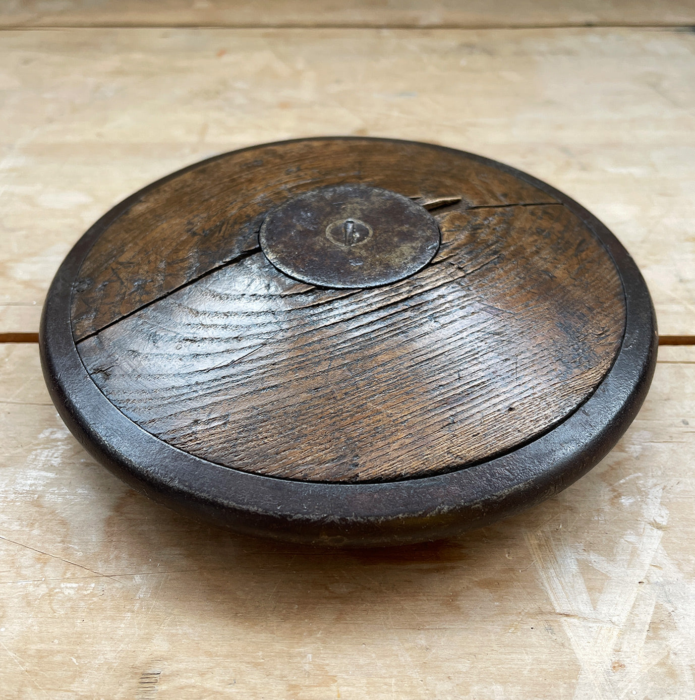 A Vintage Wooden Discus with great patina and makers stamp to the centre disk just visible - SHOP NOW - www.intovintage.co.uk