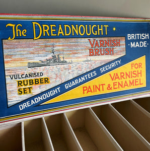 An Edwardian Dreadnaught Varnish Brush Shop Display. This would have sat on a hardware counter displaying vulcanised rubber brushes that varied in size. What makes it even more fantastic is the illustration of the famous British HMS Dreadnought battleship, Great original colour to the inside - SHOP NOW - www.intovintage.co.uk