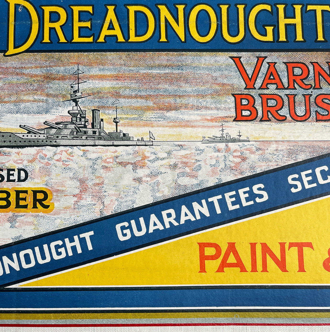 An Edwardian Dreadnaught Varnish Brush Shop Display. This would have sat on a hardware counter displaying vulcanised rubber brushes that varied in size. What makes it even more fantastic is the illustration of the famous British HMS Dreadnought battleship, Great original colour to the inside - SHOP NOW - www.intovintage.co.uk