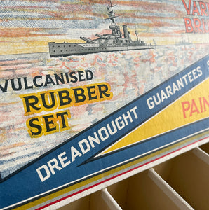 An Edwardian Dreadnaught Varnish Brush Shop Display. This would have sat on a hardware counter displaying vulcanised rubber brushes that varied in size. What makes it even more fantastic is the illustration of the famous British HMS Dreadnought battleship, Great original colour to the inside - SHOP NOW - www.intovintage.co.uk