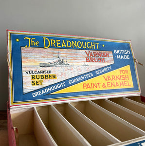 An Edwardian Dreadnaught Varnish Brush Shop Display. This would have sat on a hardware counter displaying vulcanised rubber brushes that varied in size. What makes it even more fantastic is the illustration of the famous British HMS Dreadnought battleship, Great original colour to the inside - SHOP NOW - www.intovintage.co.uk