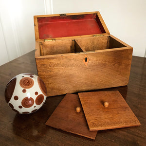 Nice sized Georgian Mahogany and Blonde Wood Tea Caddy. Mahogany carcass, edge lined in a blond wood on the lid, escutcheon and inside edge. Two lids sit atop the two inner compartments. The inner lid has its original red paper lining - SHOP NOW - www.intovintage.co.uk