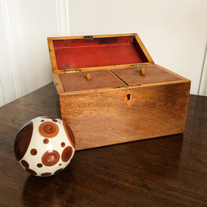 Nice sized Georgian Mahogany and Blonde Wood Tea Caddy. Mahogany carcass, edge lined in a blond wood on the lid, escutcheon and inside edge. Two lids sit atop the two inner compartments. The inner lid has its original red paper lining - SHOP NOW - www.intovintage.co.uk