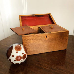 Nice sized Georgian Mahogany and Blonde Wood Tea Caddy. Mahogany carcass, edge lined in a blond wood on the lid, escutcheon and inside edge. Two lids sit atop the two inner compartments. The inner lid has its original red paper lining - SHOP NOW - www.intovintage.co.uk