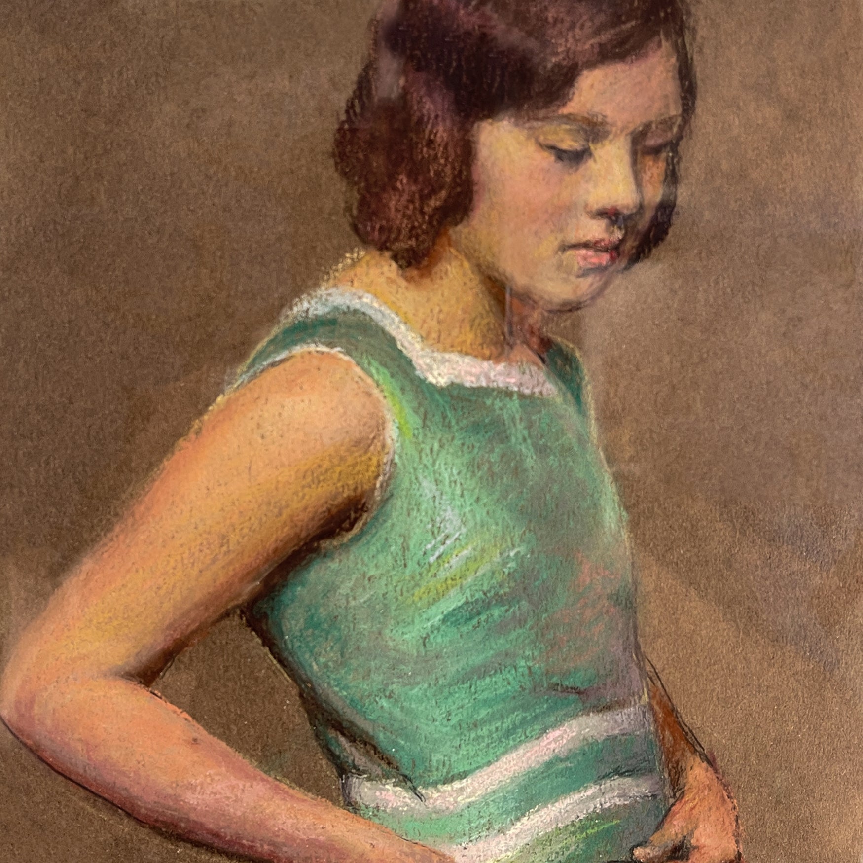 A beautiful pastil study of a young girl c.1930. She wears a simple dress in a bright duck egg with white stripes. Extremely elegant and of the time - SHOP NOW - www.intovintage.co.uk