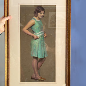 A beautiful pastil study of a young girl c.1930. She wears a simple dress in a bright duck egg with white stripes. Extremely elegant and of the time - SHOP NOW - www.intovintage.co.uk
