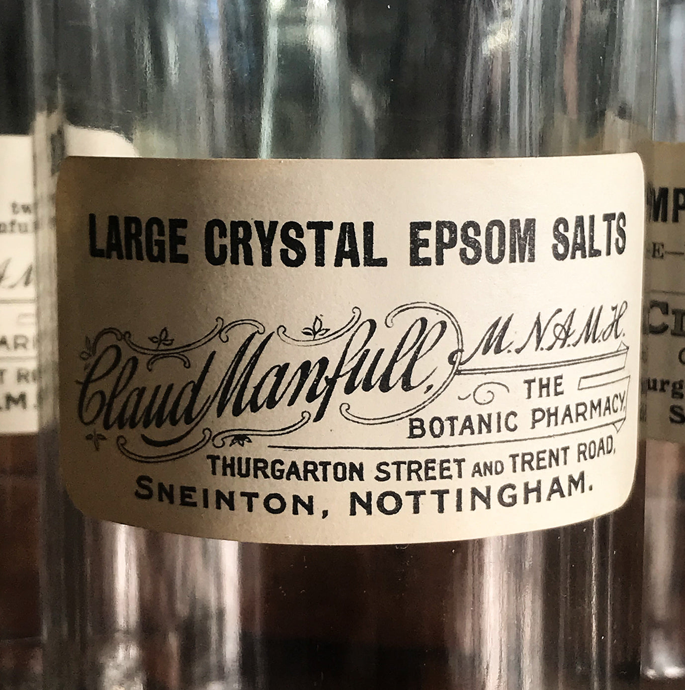 Set of Six Clear Apothecary Bottles with original paper labels from The Botanic Pharmacy, Thurgarton Street and Trent Road, Nottingham - SHOP NOW - www.intovintage.co.uk