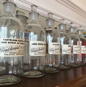 Set of Six Clear Apothecary Bottles with original paper labels from The Botanic Pharmacy, Thurgarton Street and Trent Road, Nottingham - SHOP NOW - www.intovintage.co.uk