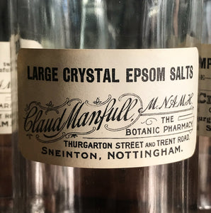 Set of Six Clear Apothecary Bottles with original paper labels from The Botanic Pharmacy, Thurgarton Street and Trent Road, Nottingham - SHOP NOW - www.intovintage.co.uk