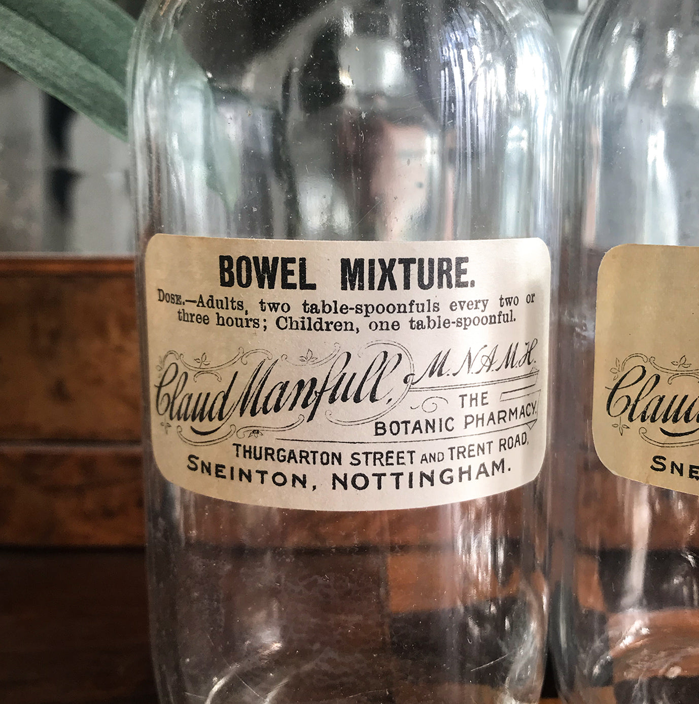 Set of Six Clear Apothecary Bottles with original paper labels from The Botanic Pharmacy, Thurgarton Street and Trent Road, Nottingham - SHOP NOW - www.intovintage.co.uk