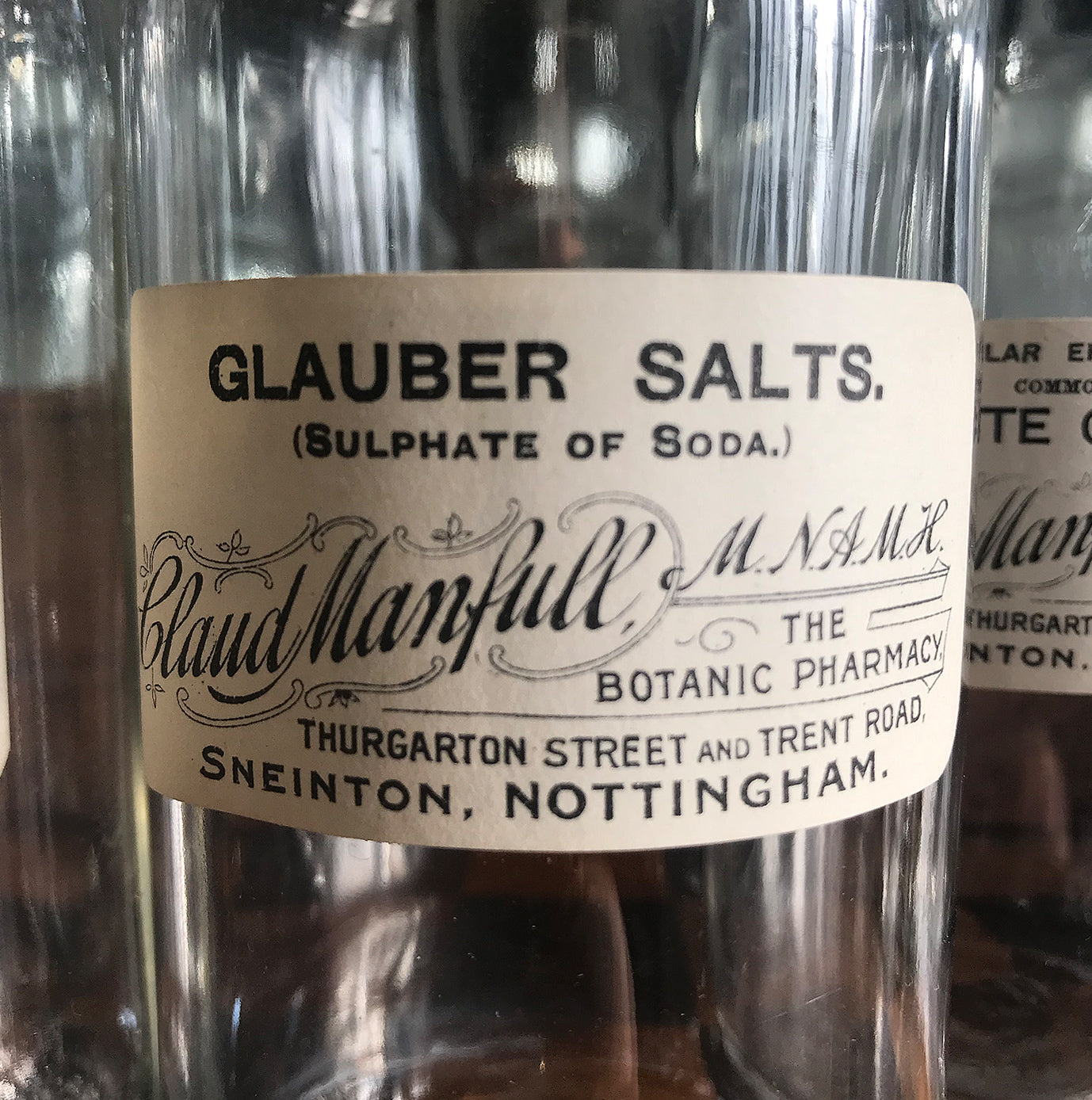 Set of Six Clear Apothecary Bottles with original paper labels from The Botanic Pharmacy, Thurgarton Street and Trent Road, Nottingham - SHOP NOW - www.intovintage.co.uk