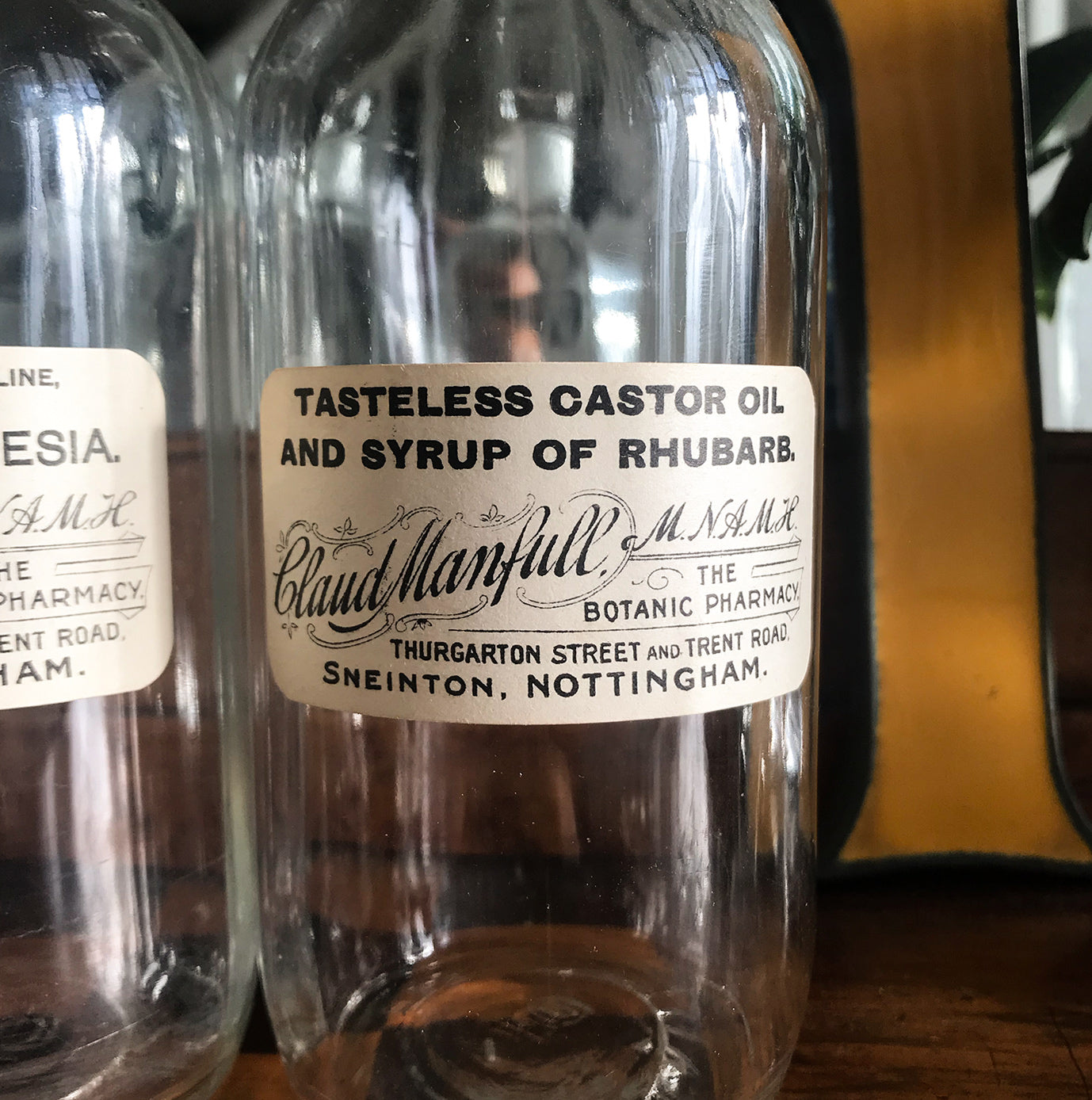 Set of Six Clear Apothecary Bottles with original paper labels from The Botanic Pharmacy, Thurgarton Street and Trent Road, Nottingham - SHOP NOW - www.intovintage.co.uk