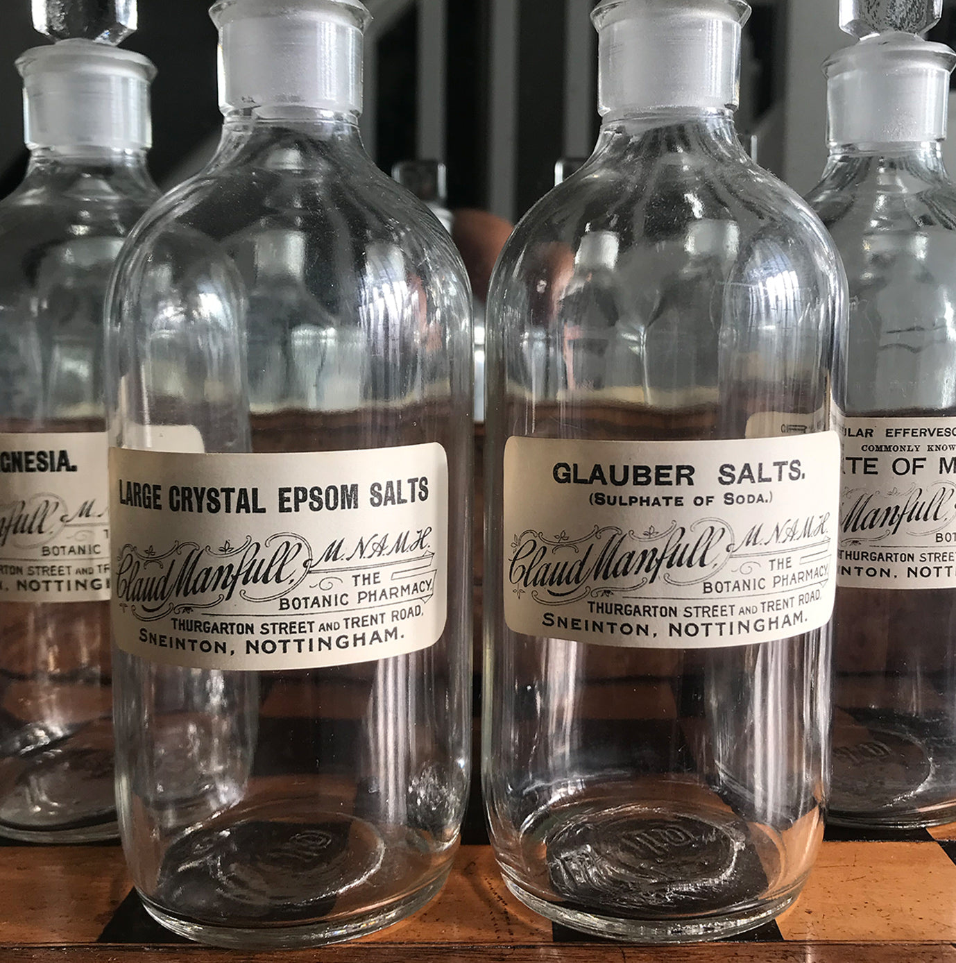 Set of Six Clear Apothecary Bottles with original paper labels from The Botanic Pharmacy, Thurgarton Street and Trent Road, Nottingham - SHOP NOW - www.intovintage.co.uk