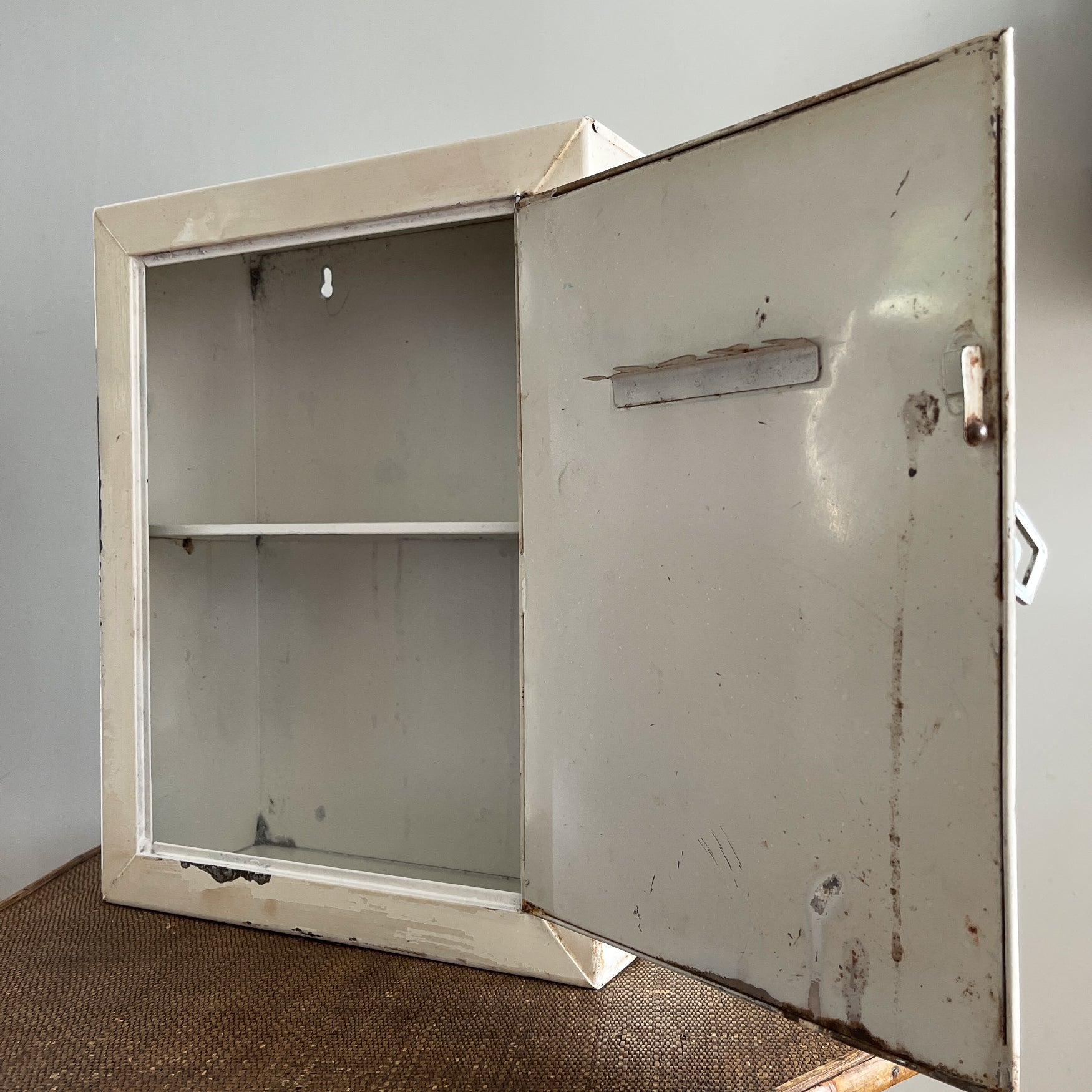 Vintage shabby chic Medical Cabinet from the 1930s. With a beveled mirror and deco style chrome handle to the door - SHOP NOW - www.intovintage.co.uk