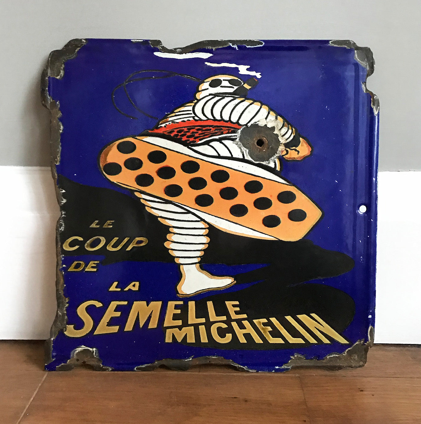 Rare Michelin Tyre in-your-face image promoting. The text reads 'LA COUL DE LA SEMELLE MICHELIN' which translates as "the sole kick". Dates to around 1913. Artist: O'GALOP (Marius Rossillon, 1867-1946) - SHOP NOW - www.intovintage.co.uk