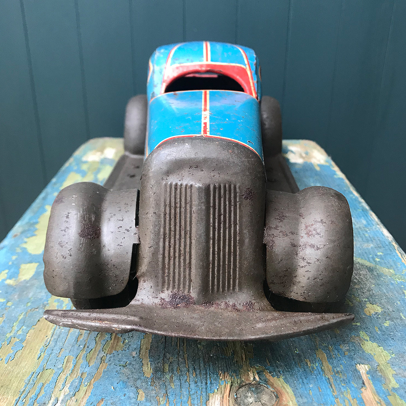 Rare large pre-war 1935 Marx clockwork tinplate LMC 217 Mechanical Coupé in the rare blue pinstripe finish. Marked 'Made in England' on the boot and still having its back running step. This model was made in the Marx Dudley factory - SHOP NOW - www.intovintage.co.uk