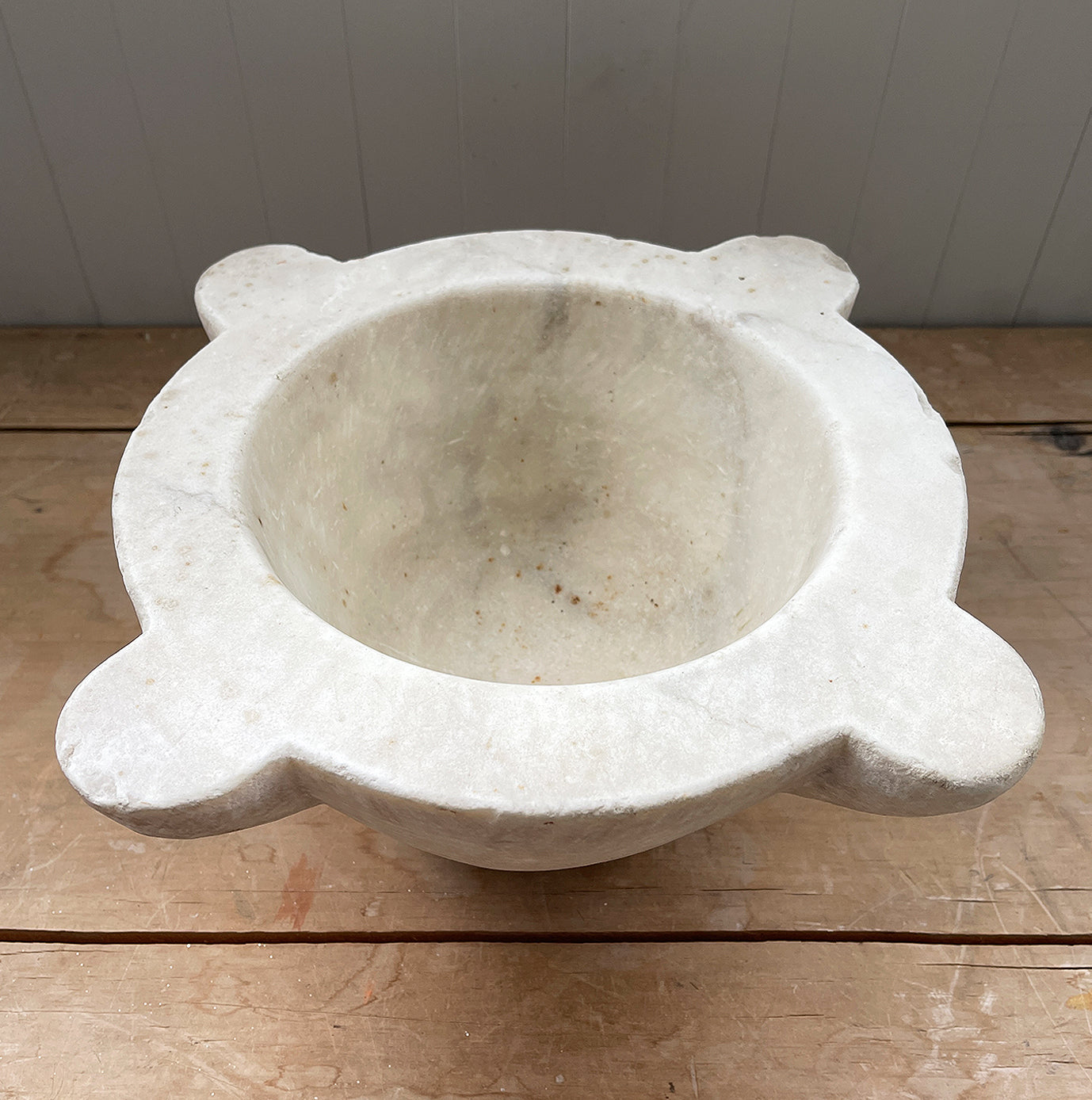 A large, time worn Mortice & Pestle in a creamy white marble. The wooden pestle has a weighted end. A beautiful piece for the kitchen - SOP NOW - www.intovintage.co.uk