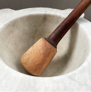 A large, time worn Mortice & Pestle in a creamy white marble. The wooden pestle has a weighted end. A beautiful piece for the kitchen - SOP NOW - www.intovintage.co.uk