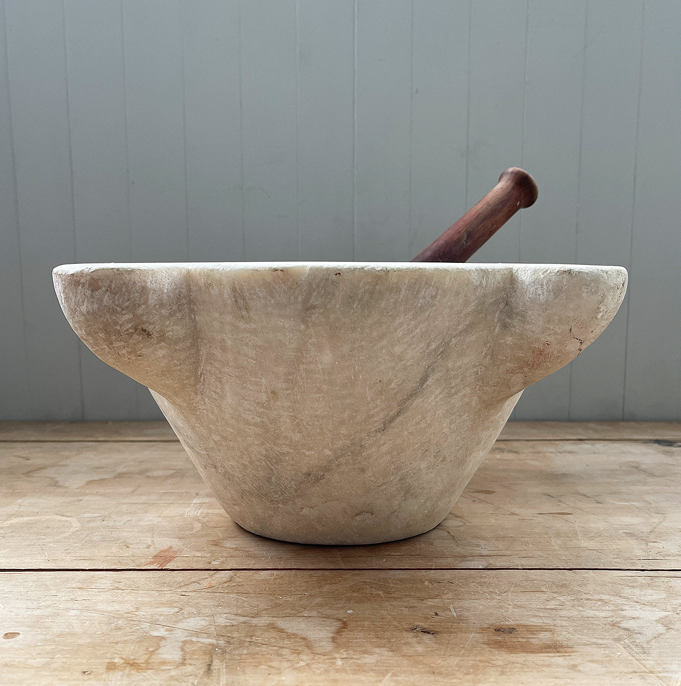 A large, time worn Mortice & Pestle in a creamy white marble. The wooden pestle has a weighted end. A beautiful piece for the kitchen - SOP NOW - www.intovintage.co.uk