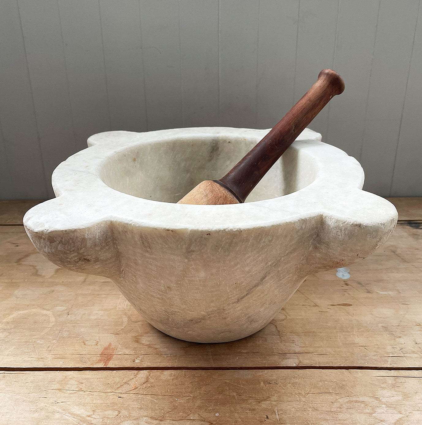 A large, time worn Mortice & Pestle in a creamy white marble. The wooden pestle has a weighted end. A beautiful piece for the kitchen - SOP NOW - www.intovintage.co.uk