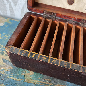 You have been warned! Do not close this box or bend the cards!!! With numbers from 1 to 10 painted in front of the slats along the front, we are not too sure what these or this curious box was used for but it's charming none the less - SHOP NOW - www.intovintage.co.uk