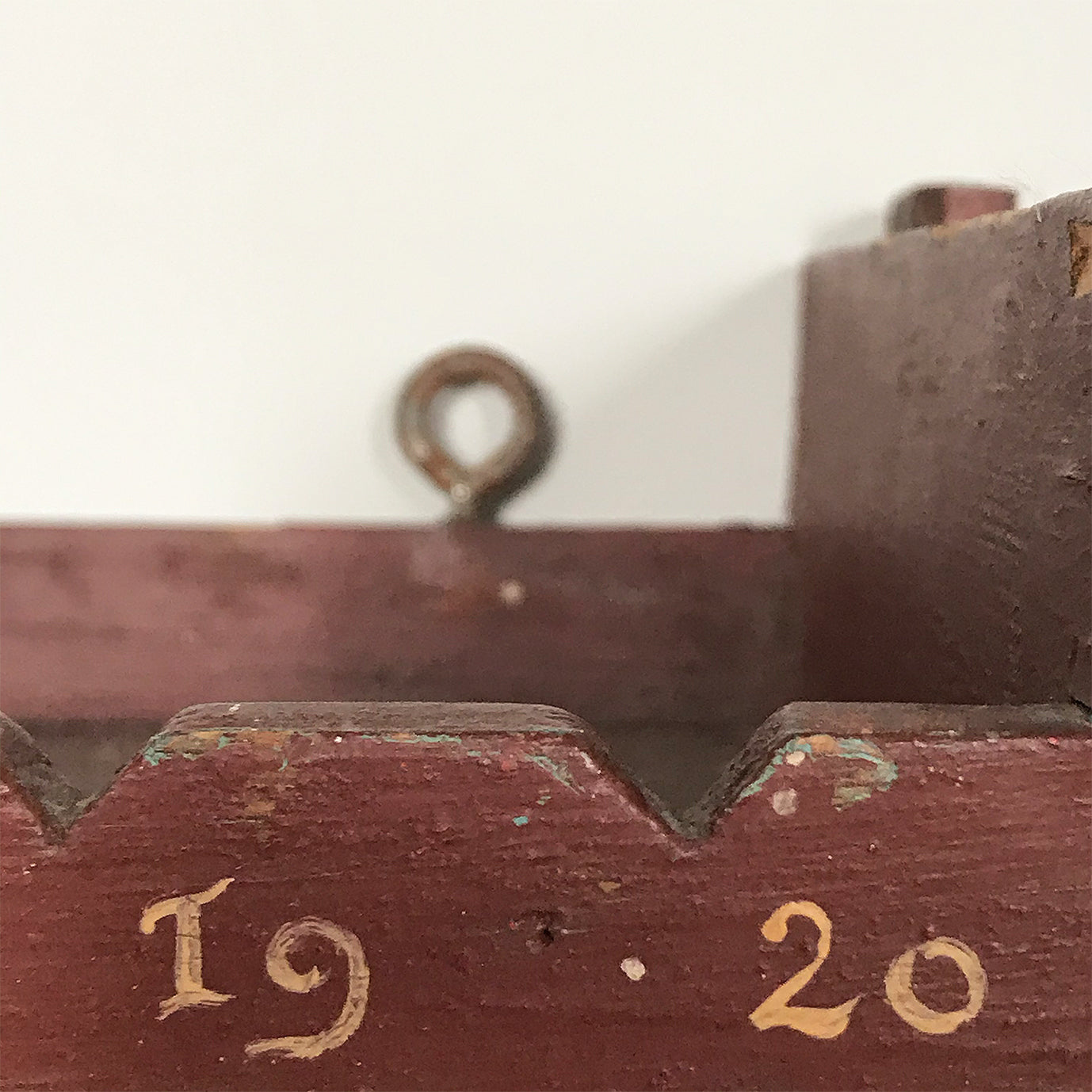 Late Victorian rack/shelf finished in a beautiful, original dark brick red paint with wonderful golden numbers hand painted on the front. It's scratch built from pine with each of the four shelves having 'V' shaped notches cut in above the numbers - SHOP NOW - www.intovintage.co.uk