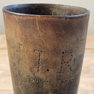 A collection of Six 18th Century Horn Drinking Vessels with two having the dotted inscriptions of 'J.R'. The largest cup has two inscriptions, font and back. There are four lager cups with two shot sized cups - SHOP NOW - www.intovintage.co.uk